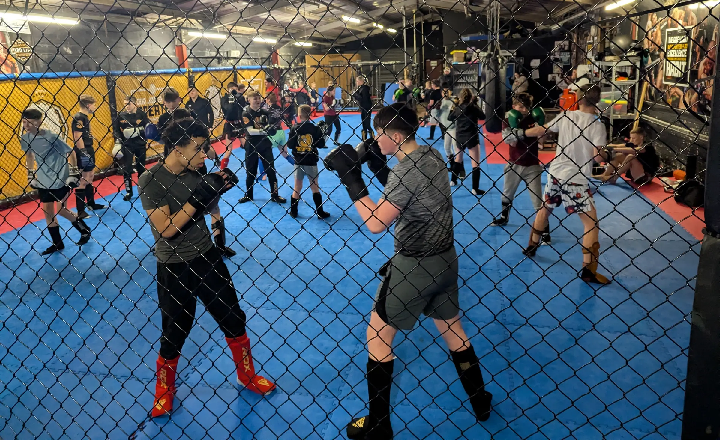 Teen members training striking together inside the TFT MMA cage